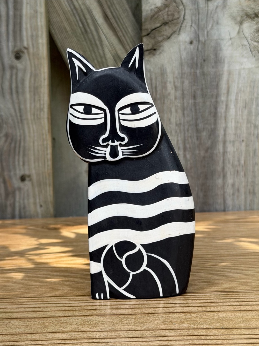 Folk Art Laurel Burch Style Hand Painted Black & White Wooden Cat Figurine 6.5”